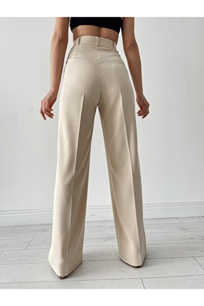 WellWay Pileli Kumaş Palazzo Pantolon Bej