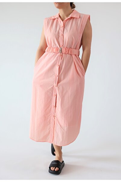 DEPENDANCE Şeftali Kehribarı Kemer Detaylı Kolsuz Elbise