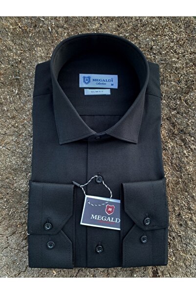MEGALDİ Erkek Siyah Düz Saten Gömlek