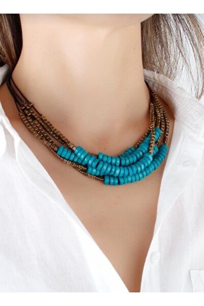 HOSBUTIK Tasarım Mavi Ahşap Boncuklu Otantik Kolye