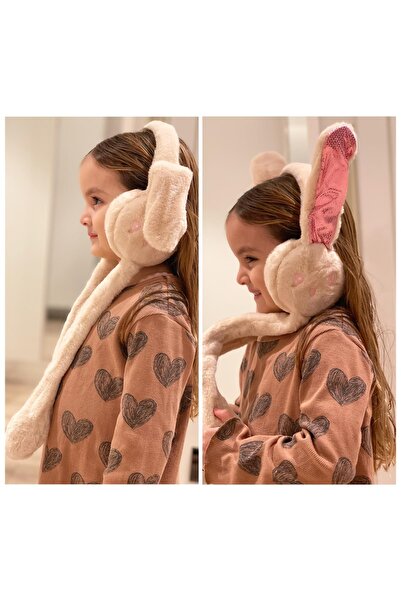 QUEEN AKSESUAR Shield Moving Ears Plush Rabbit Earmuff Scarf Glittered Ear Powder Cream