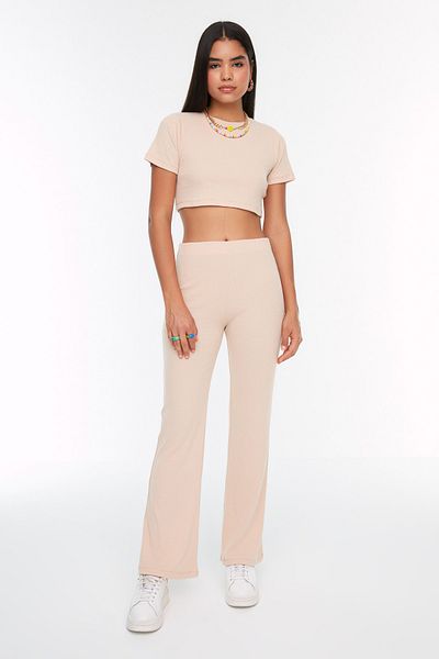 Trendyol Collection Beige Crop Crew Neck Ribbed Stretchy Knitted Blouse and Trousers Top and Bottom Set TWOSS21AU0160