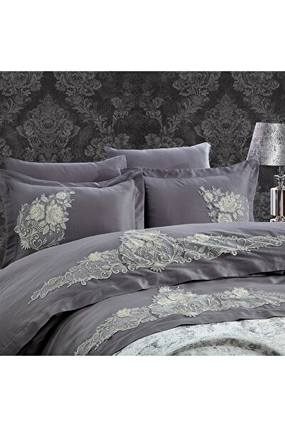 Dantela Pamuk Saten Çift Kişilik Gelin Seti - Jenna Antrasit