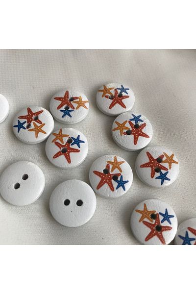 Bukle İplik 23 Size 1.46 cm Two Holes Tree Button with Starfish Print on White (20 Pcs)