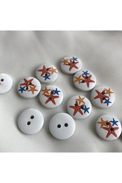 Bukle İplik 23 Size 1.46 cm Two Holes Tree Button with Starfish Print on White (50 Pcs)