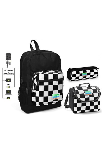 Coral High Black Checkered Four Compartment Primary School Bag Set - With USB Port