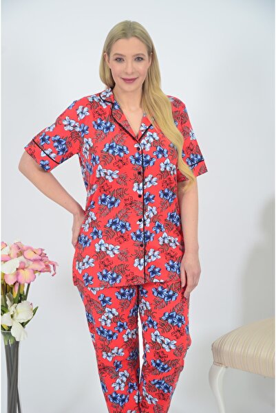 STYLE SENFONİ Kadın Önden Düğmeli Büyük Beden Kısa Kol Pijama