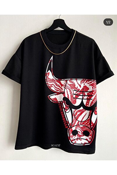 Benisengiydir Ανδρικό μπλουζάκι με μαύρο μεγάλο λογότυπο Bulls με στάμπα Oversize Crew Neck