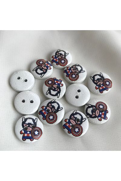 Bukle İplik Captain America Printed Two Holes Tree Button on 23 Size 1.46 cm White (50 Pcs)