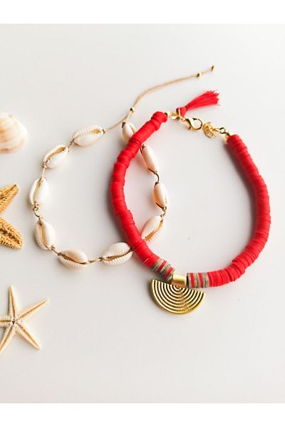 DENİZDENAL Red Set of 2 Anklet Seashell