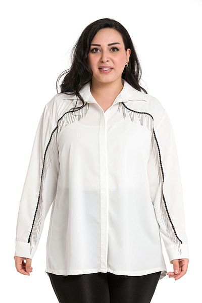 DISENTIS MODEST Large Size Chain Fringe Detailed Hidden Placket White Shirt