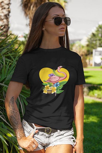 SUNFREE Μαύρο μπλουζάκι με στάμπα Flamingo Regular Unisex