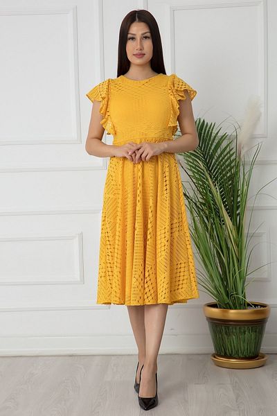 PULLIMM Shoulder Ruffle Midi Length Evening Dress 13338