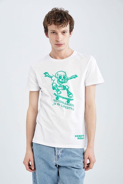 DeFacto Slim Fit Crew Neck Printed Short Sleeve 100% Cotton T-Shirt