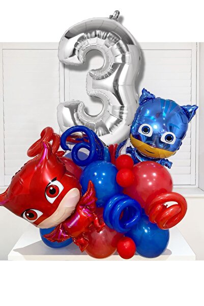 PARTİAVM 3 Yaş Gümüş Rakam Balonlu Pijamaskeliler Balon Karşılama Seti Pjmask...