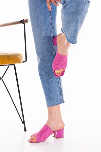 irmona Růžové úpletové pantofle na podpatku