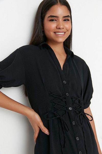 Trendyol Collection Black Tie Detailed Mini Woven Shirt Dress TWOSS22EL00426