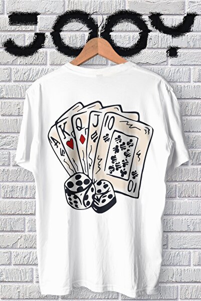 Jooy Company تيشيرت أبيض كبير الحجم بتصميم أوراق اللعب للجنسين
