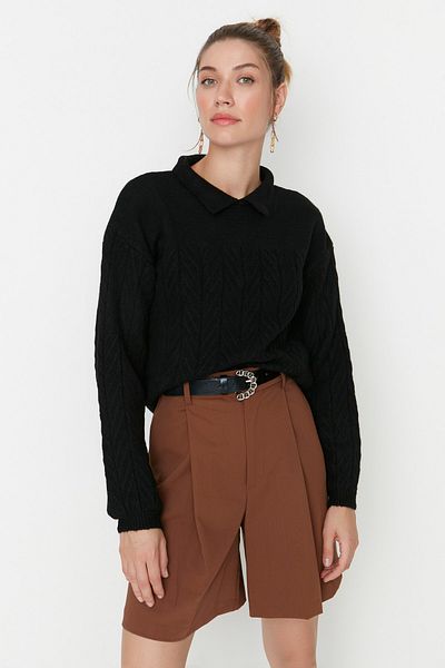 Trendyol Collection Black Wide Fit Soft Textured Hair Braided Knitwear Sweater TWOAW22KZ1620