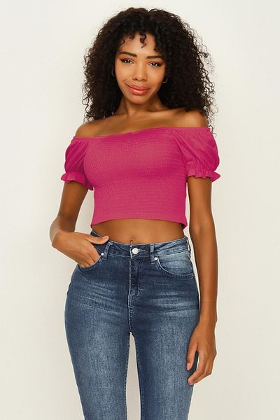 Select Moda Γυναικεία ροζ μπαλόνι μανίκι Gipeli Crop μπλούζα