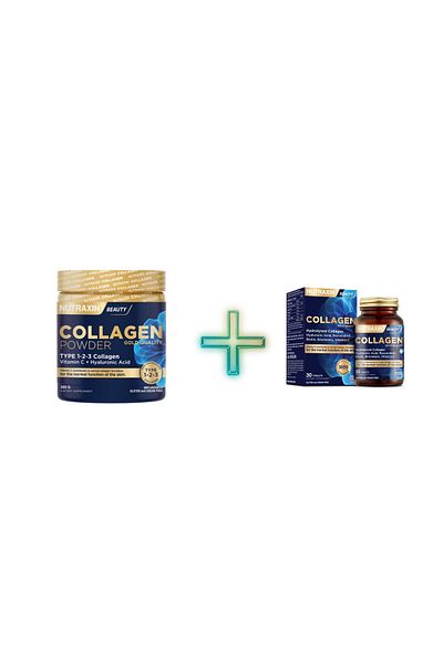 Nutraxin Collagen Powder Gold Quality 300 Gr + Hydrolyzed Collagen Hyaluronic Acid 30 Tablets
