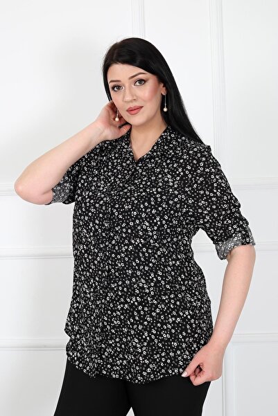 By Alba Collection Black Viscose Large Size Women's Shirt - Cotton Straight Cut