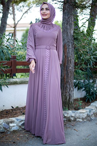 Feiza Collection Yakası Drapeli Tesettür Abiye Elbise - Vizon