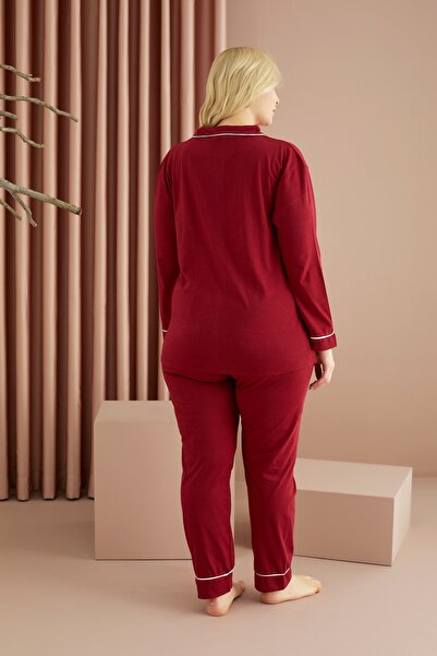Siyah İnci Burgundy-white Cotton Large Size Oversized Buttoned Pocket Ribbed Long Sleeve Pajama Set