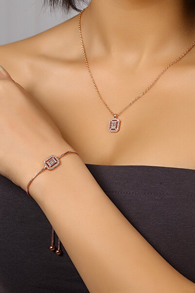 Polo Air Zircon Stone Baguette Necklace and Elevator Bracelet Combination Copper Color