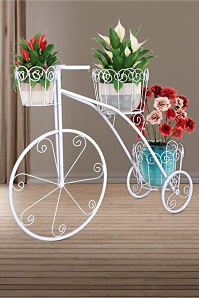 Genel Markalar 3 Gözlü Ferforje Paslanmaz Bisiklet Saksılık Beyaz