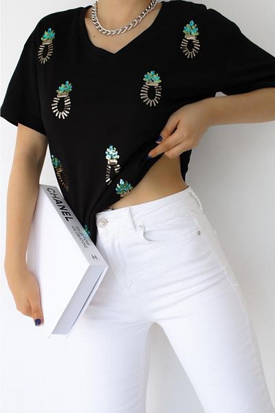 FEMELLE Tricou de damă negru cu decolteu în V, ananas, cu paiete, cu cusături din paiete