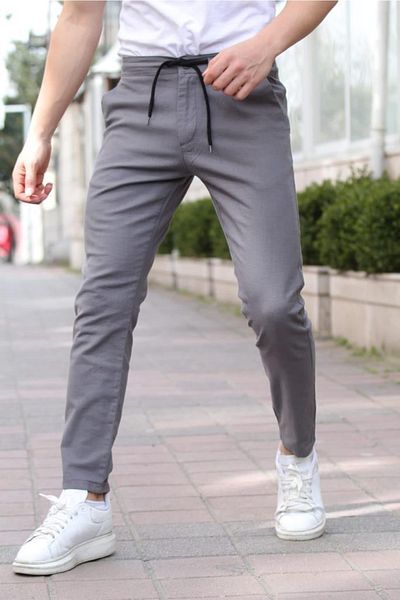 Tarz Cool Matte Gray Men's Eganis Drawstring Jogger Buttoned Fabric Trousers
