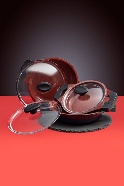 ThermoAD Alüminyum Granit Döküm Red Diamond Serisi Kapaklı Üçlü Sahan Seti