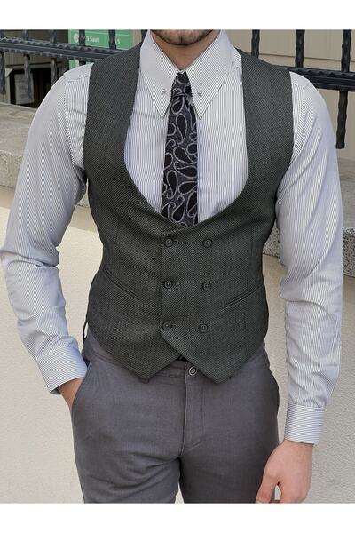 NAZEF Slim Fit Double Breasted Green Vest