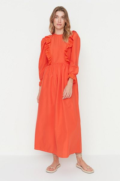 Trendyol Modest Πορτοκαλί υφαντό φόρεμα με γιακά και μανίκια με βολάν TCTSS22EB00025