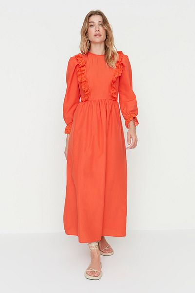 Trendyol Modest Πορτοκαλί υφαντό φόρεμα με γιακά και μανίκια με βολάν TCTSS22EB00025