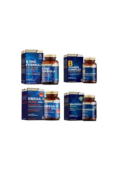 Nutraxin B-One Formula 90 Tablets + Omega 3 Ultra 2500 Mg + 30 Capsules Vitamin B Complex + Magnesium