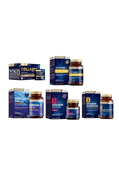 Nutraxin Collagen 30 Sachets - 10000 Mg Omega 3 and 2000 Mg Fish Oil 60 Capsules + Vitamin Max Vitamin B12