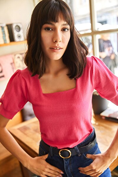 Olalook Női fukszia négyzet alakú galléros rövid ujjú kötött blúz BLZ-19001883