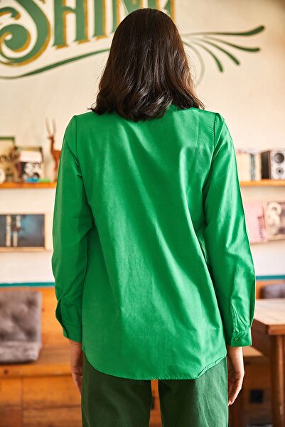 Olalook Γυναικείο πουκάμισο με πράσινο γρασίδι Basic υφαντό ποπλίνα GML-19000996