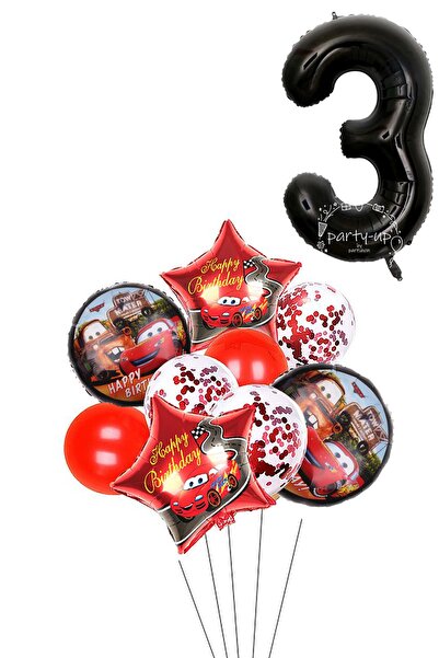 PARTİAVM 3 Yaş Siyah Rakam Balonlu Şimşek Mcqueen Balon Seti Arabalar (CARS) ...