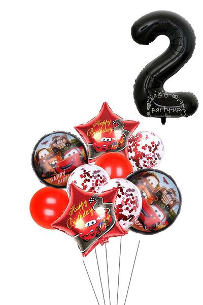 PARTİAVM 2 Yaş Siyah Rakam Balonlu Şimşek Mcqueen Balon Seti Arabalar (CARS) ...