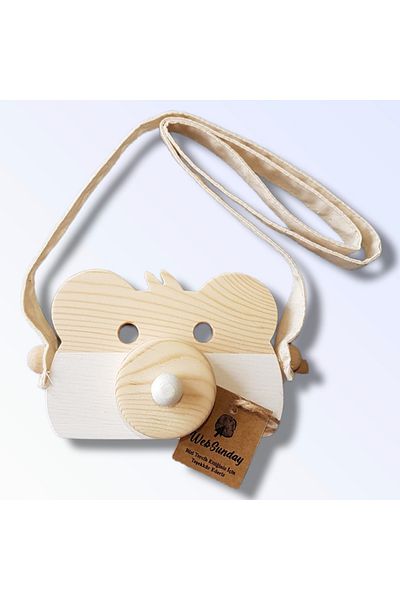 aswood Wooden Educational Teddy Bear Photo Camera, Cute Toy Camera, Animal Toy - White