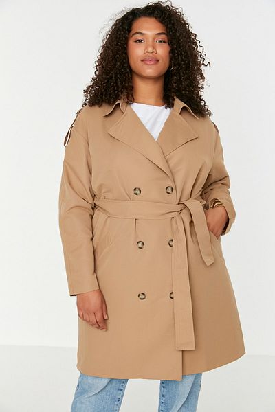 Trendyol Curve Plus Size Trench Coat - Beige - Basic
