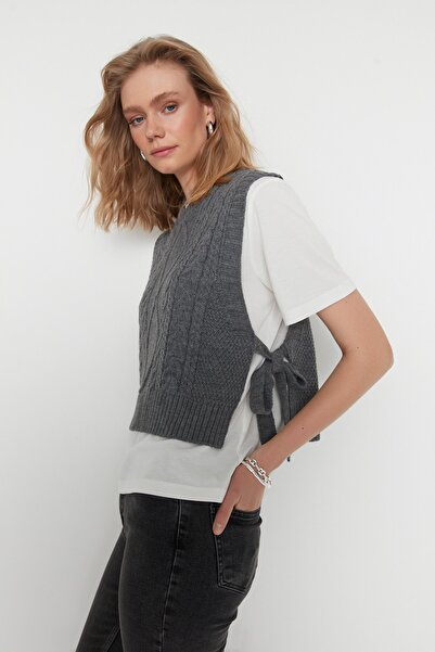 Trendyol Collection Anthracite Knitwear Sweater - Crop Cut, Side Ribbon and Tie Detailed Twoaw22Sv0058
