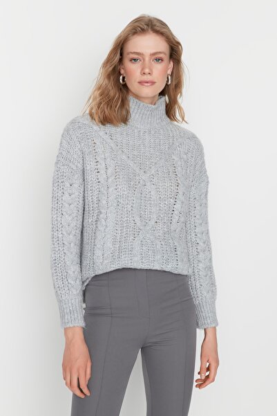 Trendyol Collection Šedý pletený svetr Wide Fit - měkká textura Twoaw20Kz0171