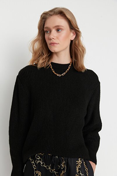 Trendyol Collection Schwarzer, weiter, weicher, strukturierter Basic-Strickpullover für Paare TWOAW20FV0142