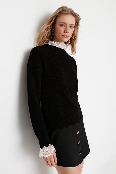 Trendyol Collection Tulle Woven Detailed Black Knitwear Sweater - Twoaw22Kz0207