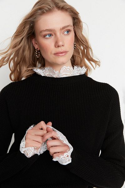 Trendyol Collection Tulle Woven Detailed Black Knitwear Sweater - Twoaw22Kz0207
