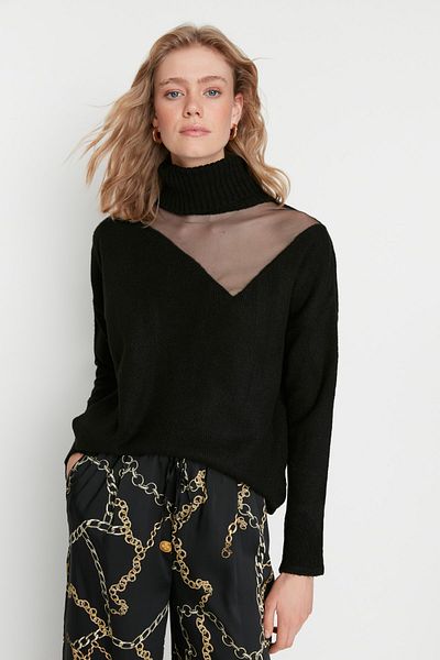Trendyol Collection Pulover negru din tricot cu textura moale din tul TWOAW20KZ1037